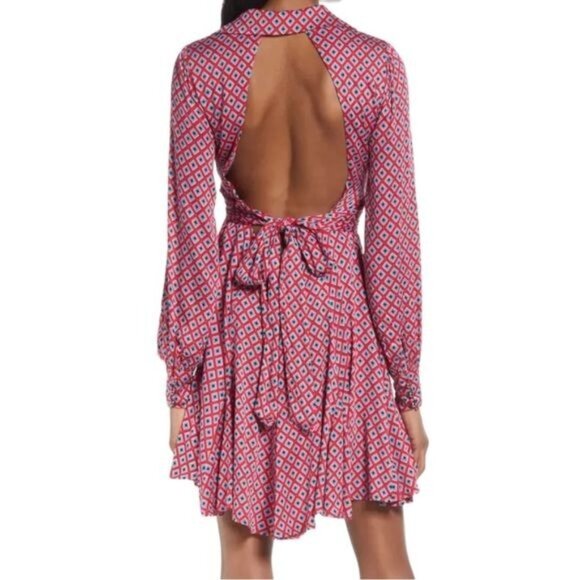 New Free People Long-Sleeve Wrap Dress Open Back & Tie Detail in Red Geometric S - Picture 4 of 11